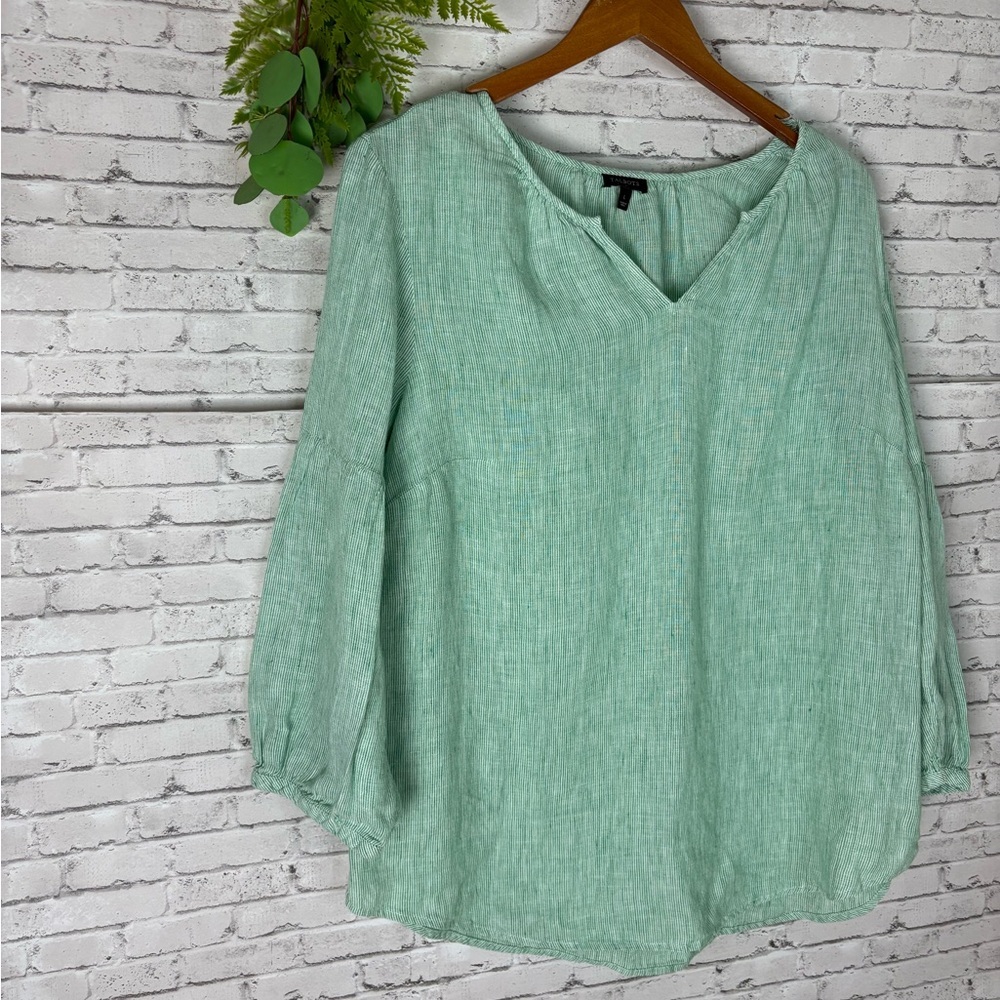 Talbots Green Vertical Striped Pinstriped Linen Peasant Blouse - Picture 2 of 5
